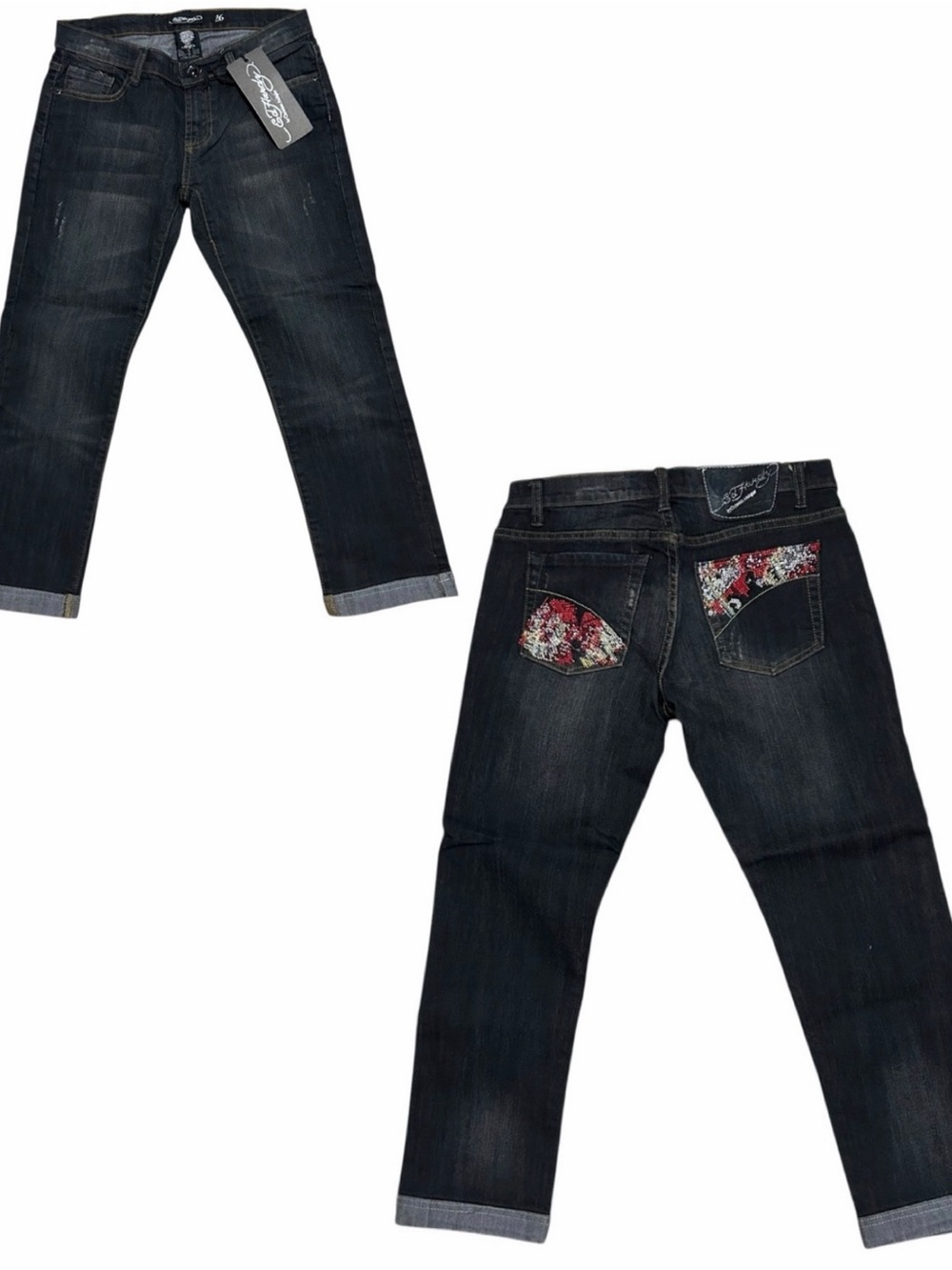 ED HARDY NWT Vintage Dark Wash Low Rise Beautiful Ghost Bling Pocket Crop Jeans